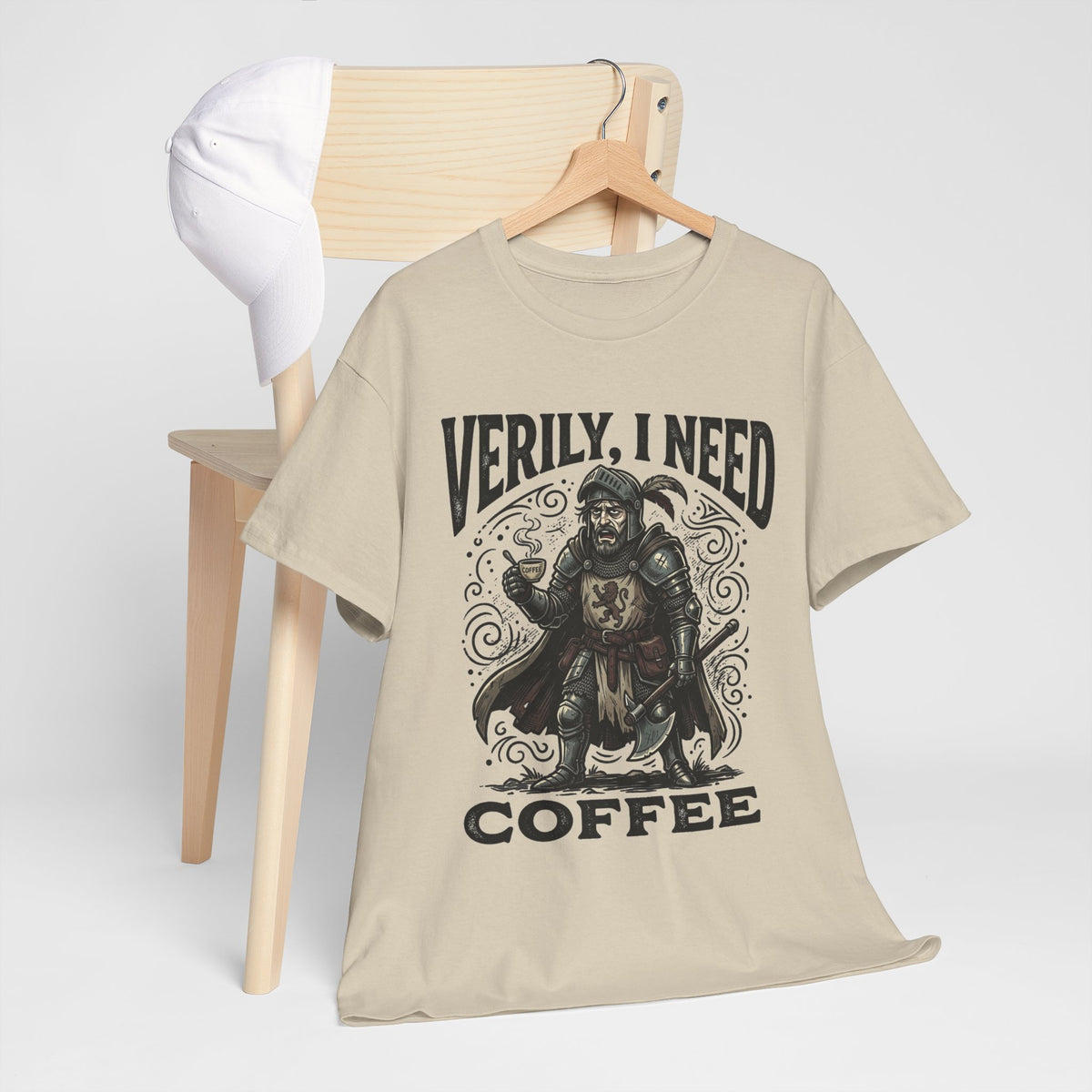 Coffee Viking T‑Shirt — “Verily, I Need Coffee” Medieval Warrior Tee