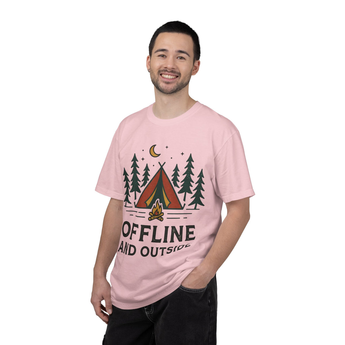 Camping T-Shirt — "Offline and Outside" Tent & Campfire Graphic