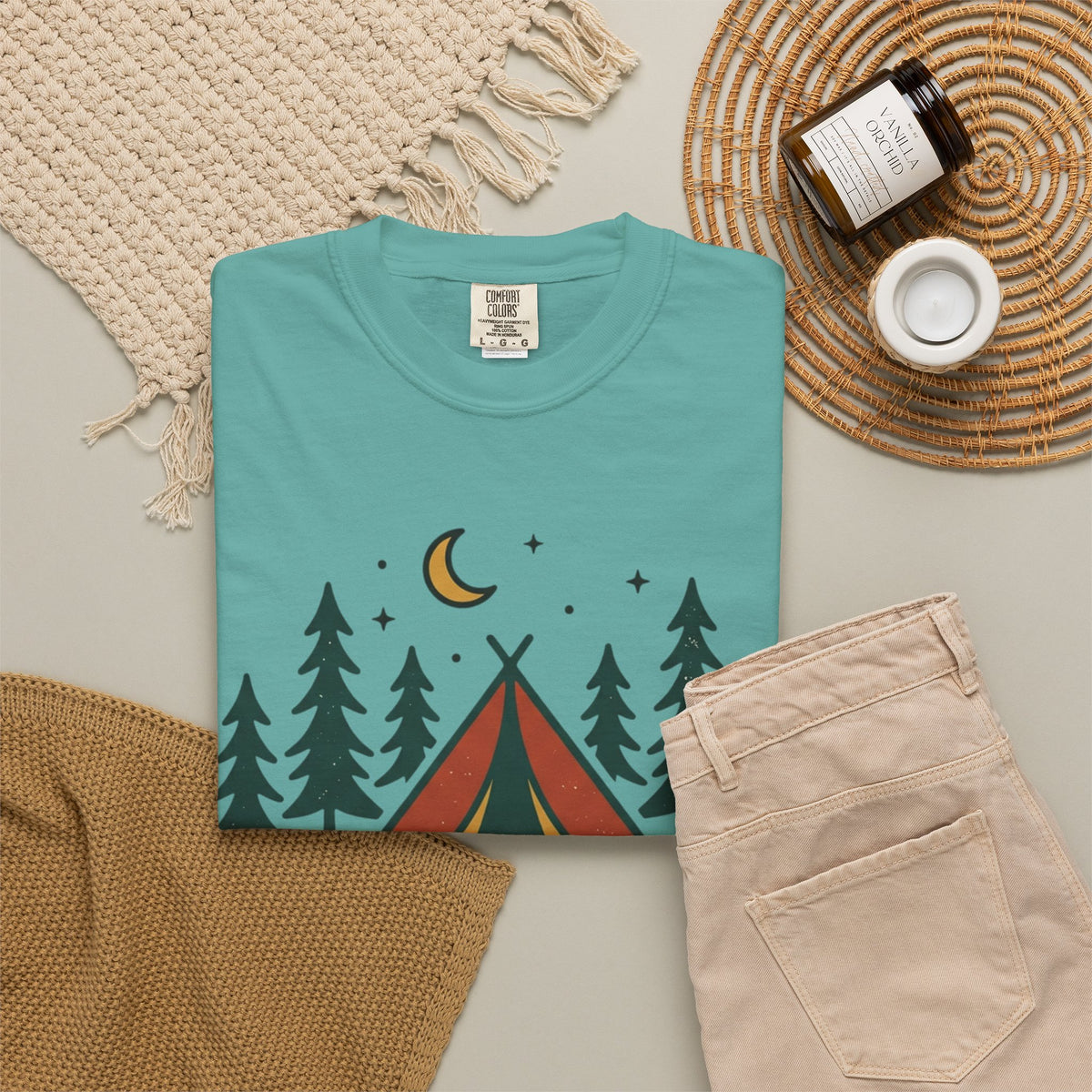 Camping T-Shirt — "Offline and Outside" Tent & Campfire Graphic
