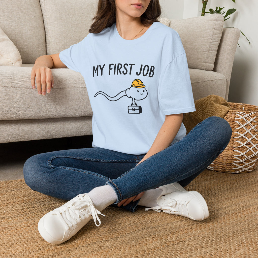 My First Job T-Shirt — Cute Sperm Cell Cartoon Construction Helmet Tee