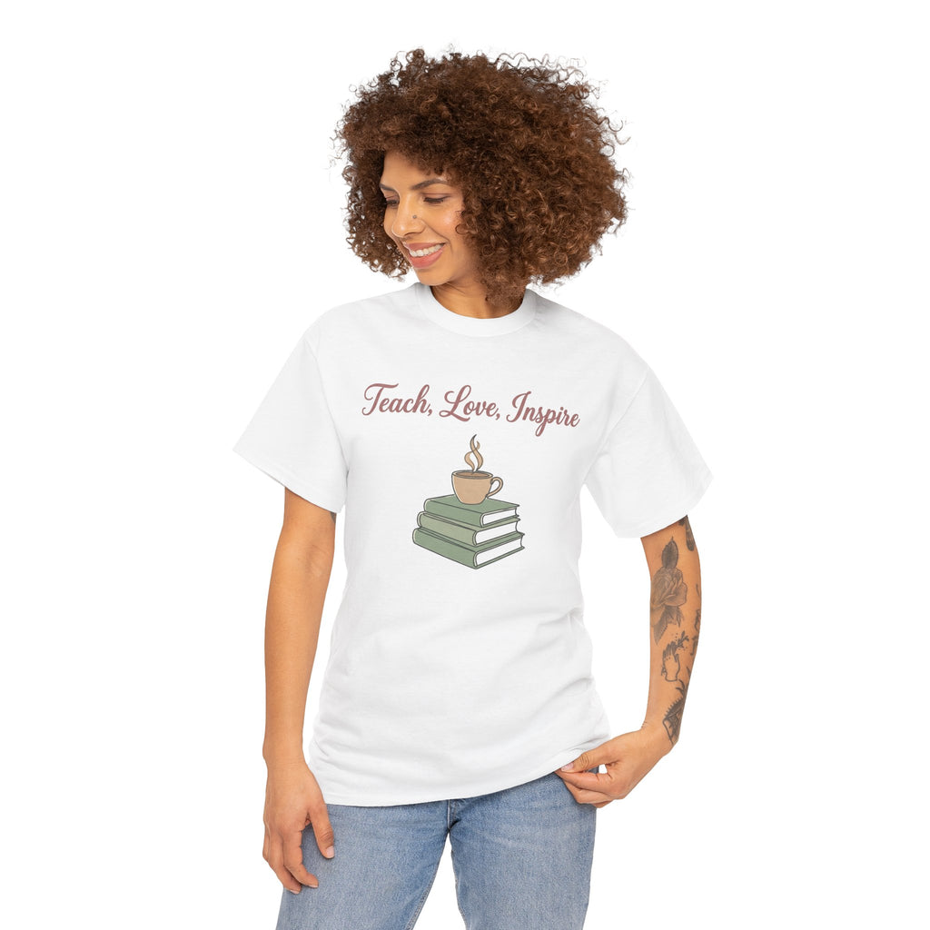 Teacher Tee — "Teach, Love, Inspire" Book & Coffee Graphic T-Shirt