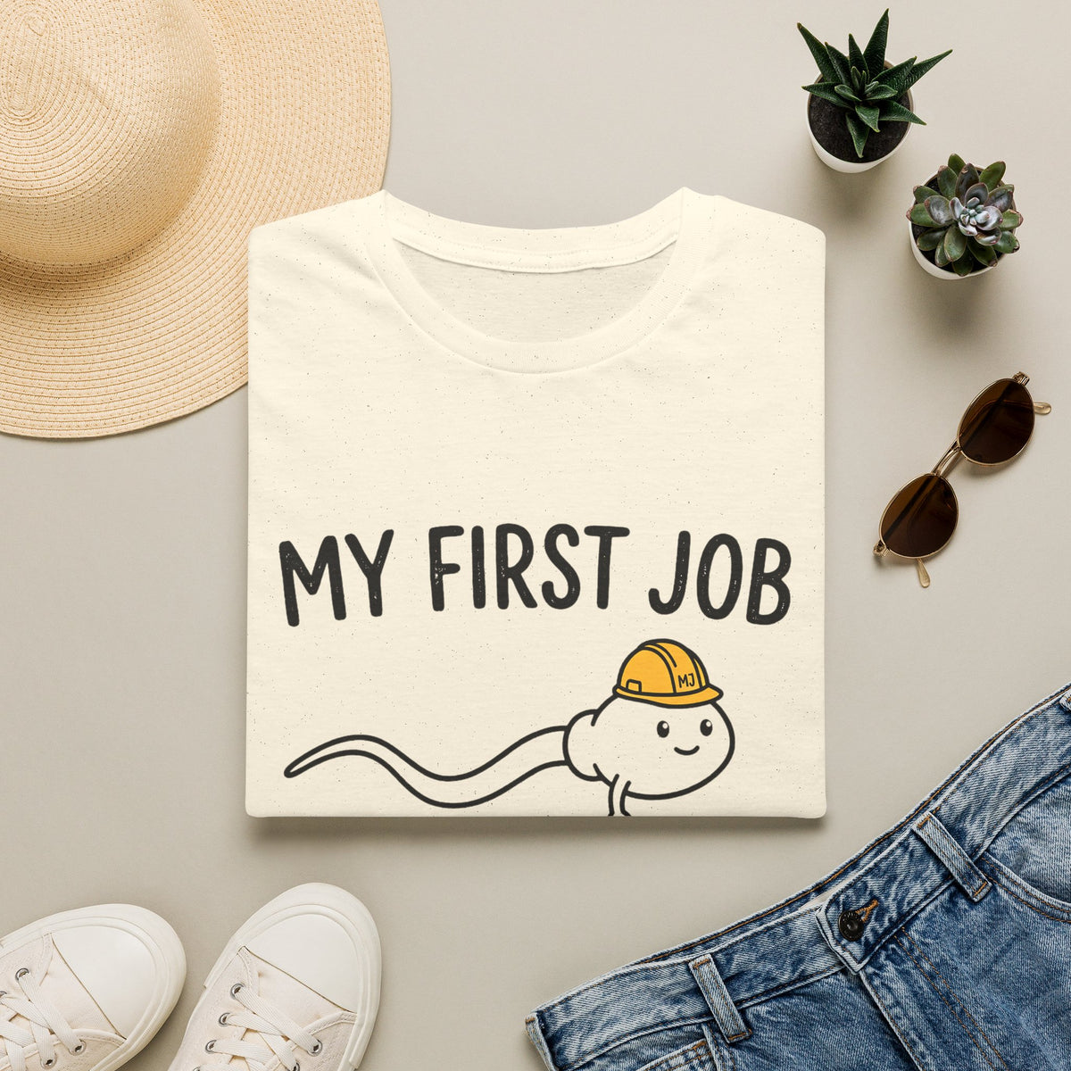 My First Job T-Shirt — Cute Sperm Cell Cartoon Construction Helmet Tee