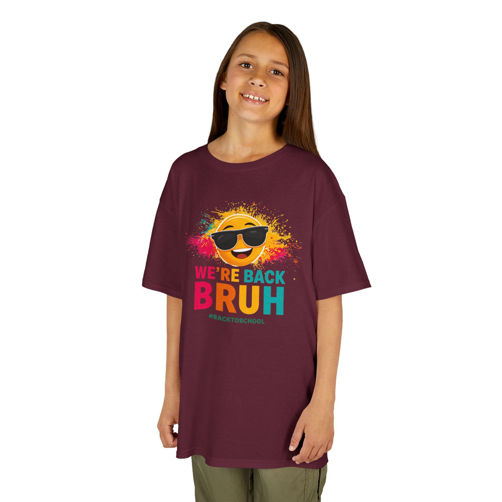 We're Back Bruh Kids Tee — Colorful Sunny Sunglasses Graphic Shirt for Kids