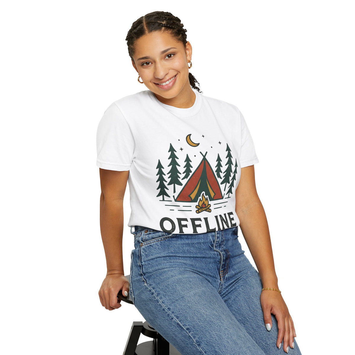 Camping T-Shirt — "Offline and Outside" Tent & Campfire Graphic