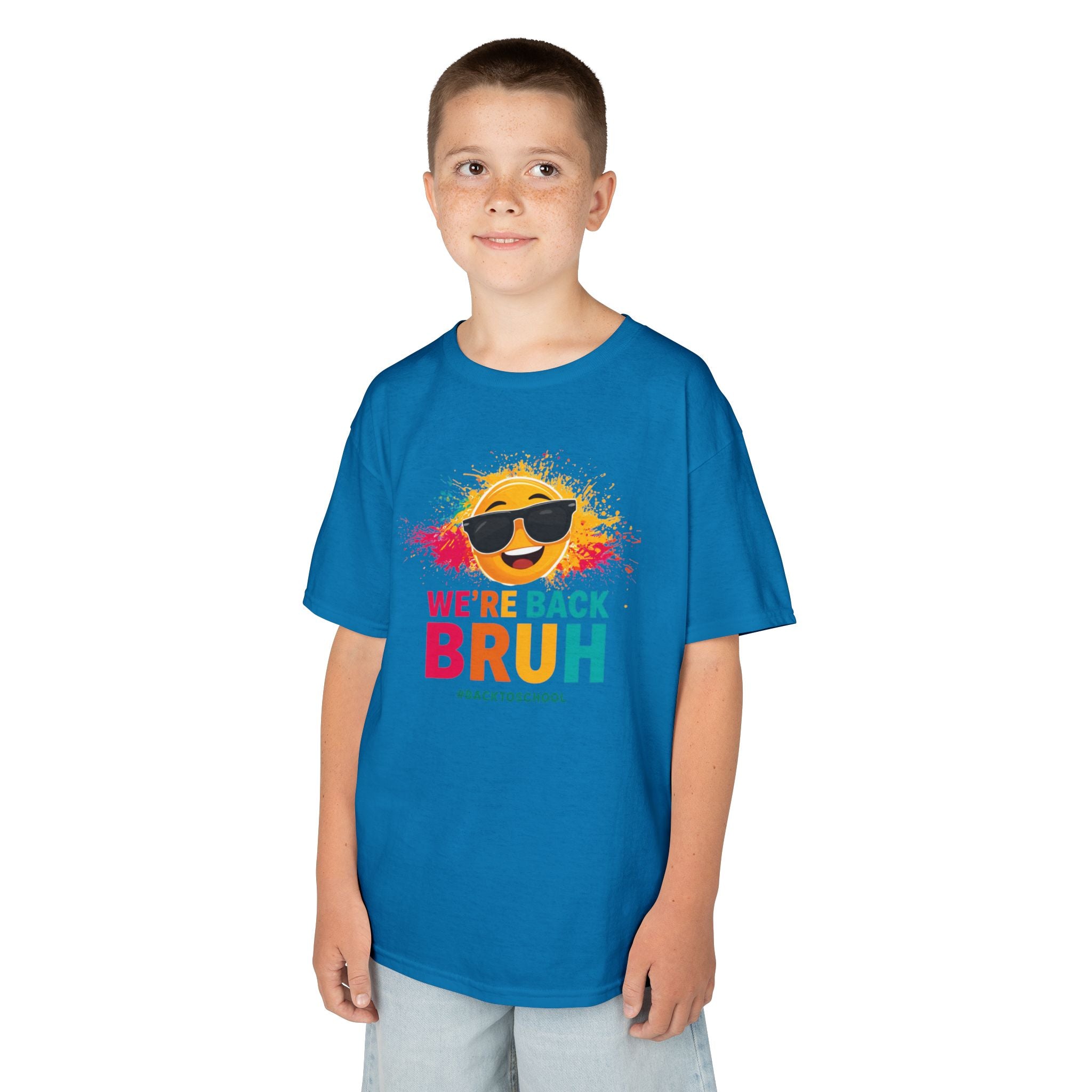 We're Back Bruh Kids Tee — Colorful Sunny Sunglasses Graphic Shirt for Kids