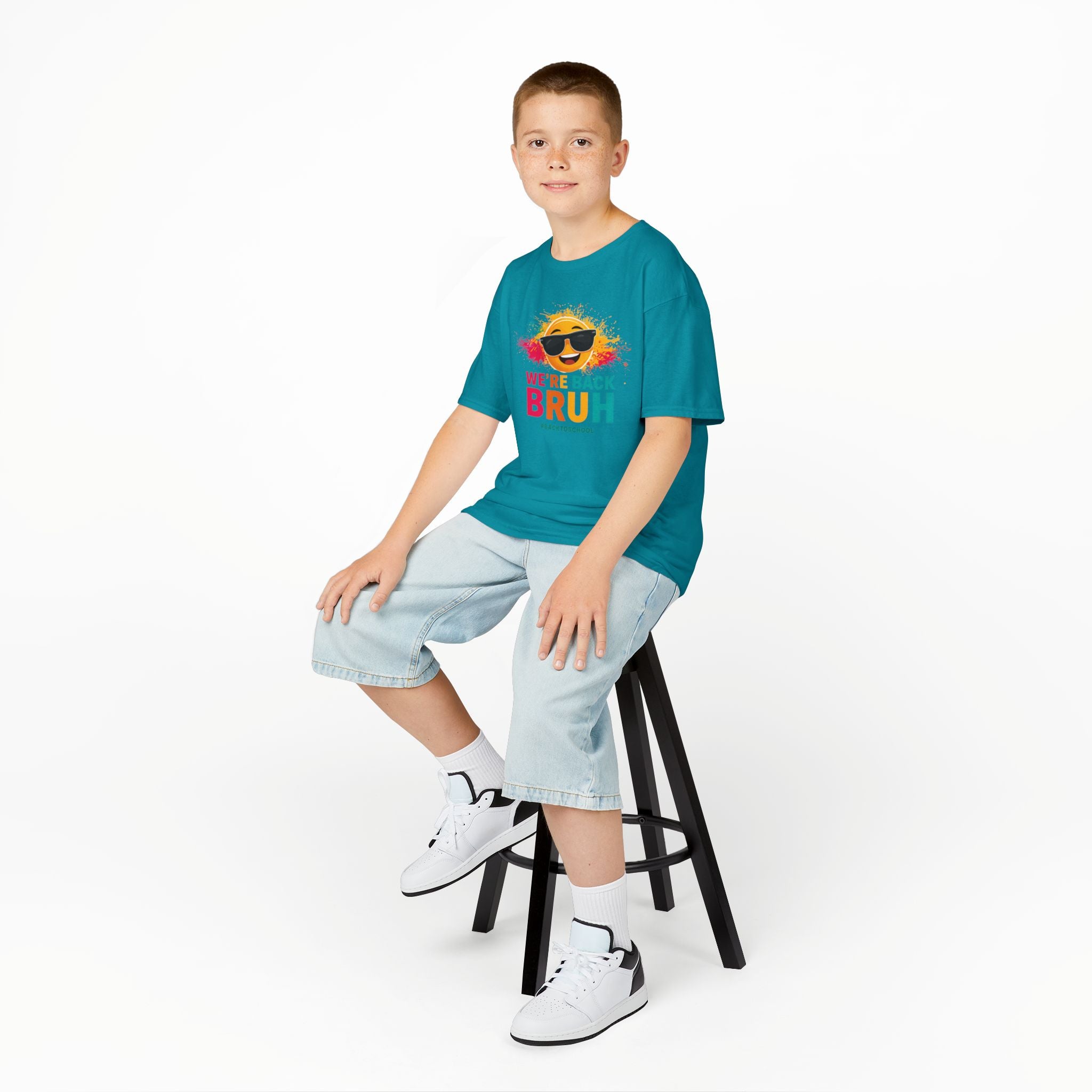 We're Back Bruh Kids Tee — Colorful Sunny Sunglasses Graphic Shirt for Kids