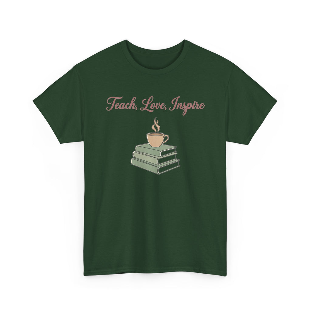 Teacher Tee — "Teach, Love, Inspire" Book & Coffee Graphic T-Shirt