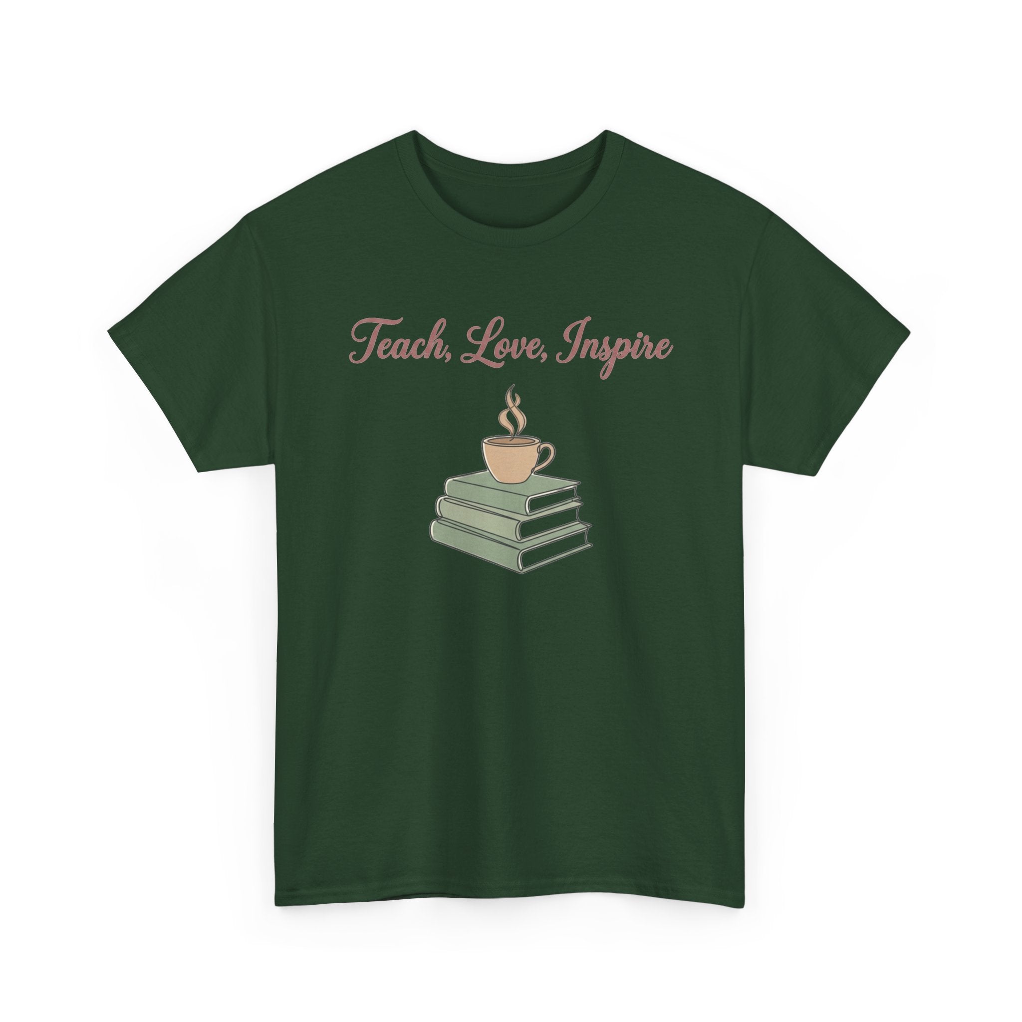 Teacher Tee — "Teach, Love, Inspire" Book & Coffee Graphic T-Shirt