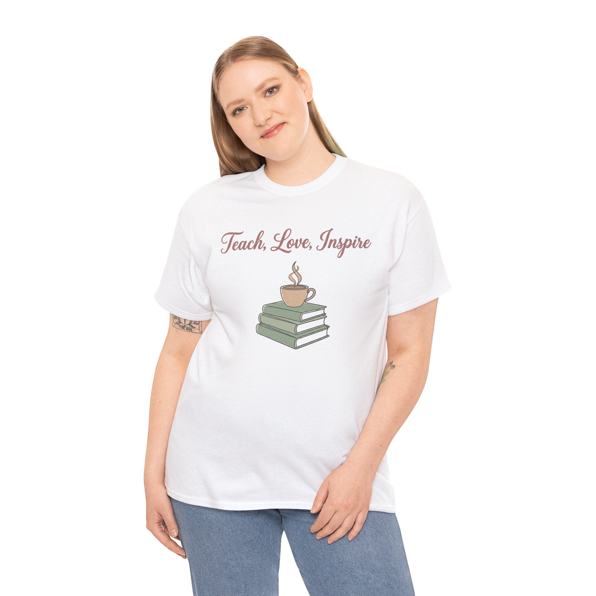 Teacher Tee — "Teach, Love, Inspire" Book & Coffee Graphic T-Shirt