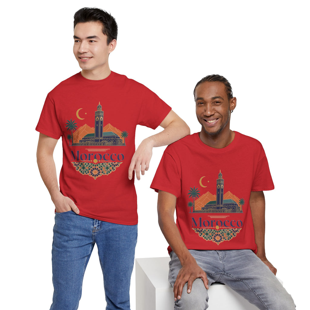 Morocco Travel T-Shirt — Atlas Mountains & Koutoubia Mosque Graphic Tee