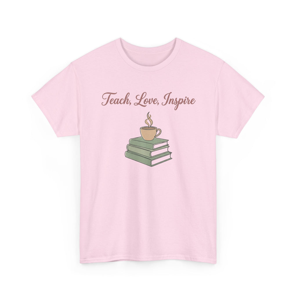 Teacher Tee — "Teach, Love, Inspire" Book & Coffee Graphic T-Shirt