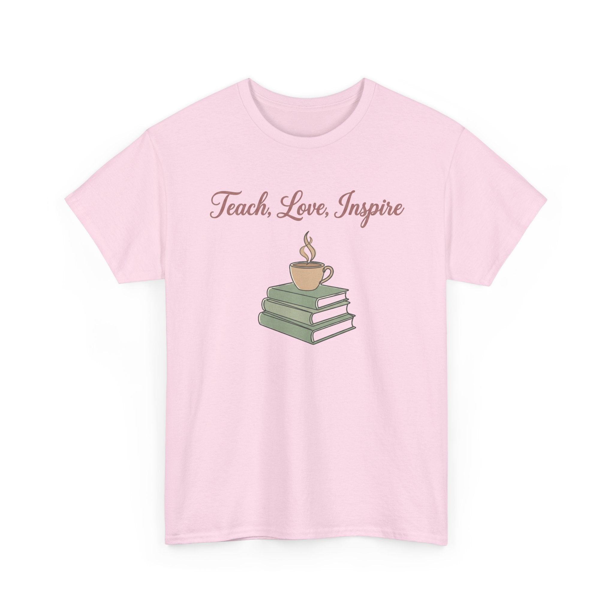 Teacher Tee — "Teach, Love, Inspire" Book & Coffee Graphic T-Shirt