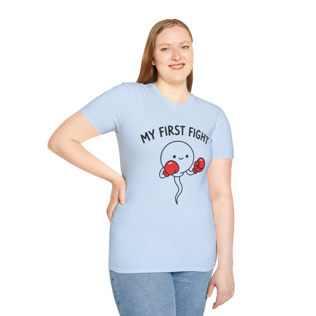 My First Fight T‑Shirt — Cute Boxing Sperm Fertility Humor Gift
