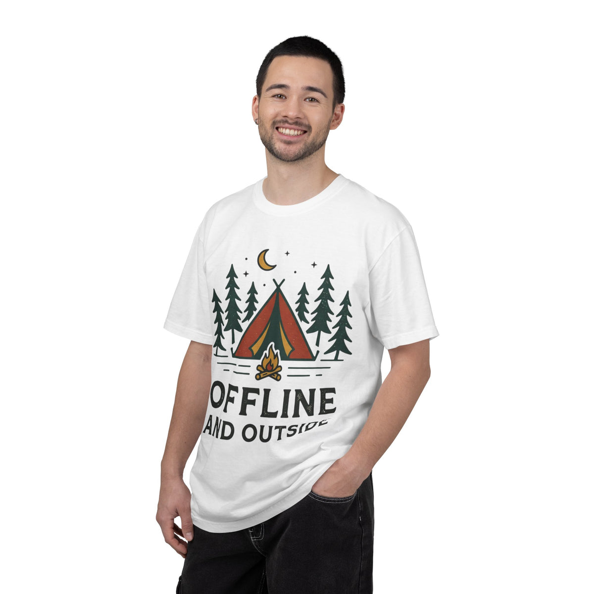 Camping T-Shirt — "Offline and Outside" Tent & Campfire Graphic