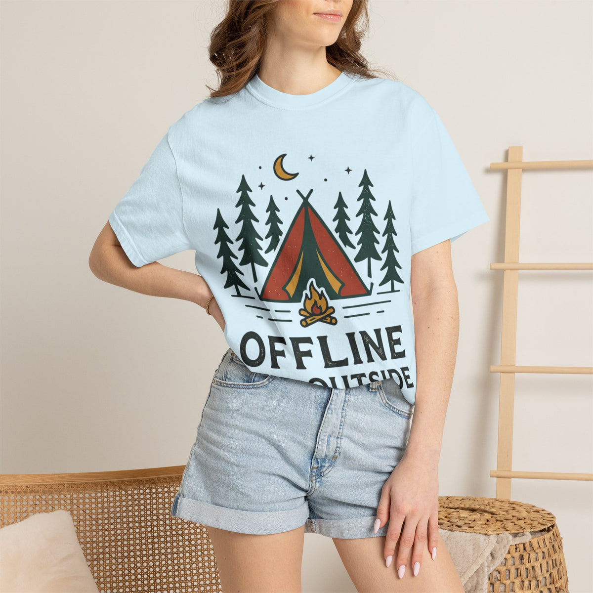Camping T-Shirt — "Offline and Outside" Tent & Campfire Graphic