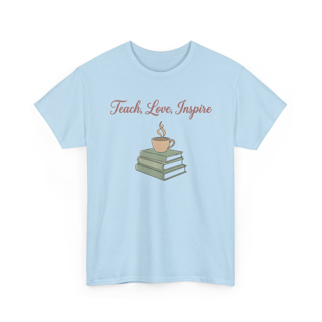 Teacher Tee — "Teach, Love, Inspire" Book & Coffee Graphic T-Shirt