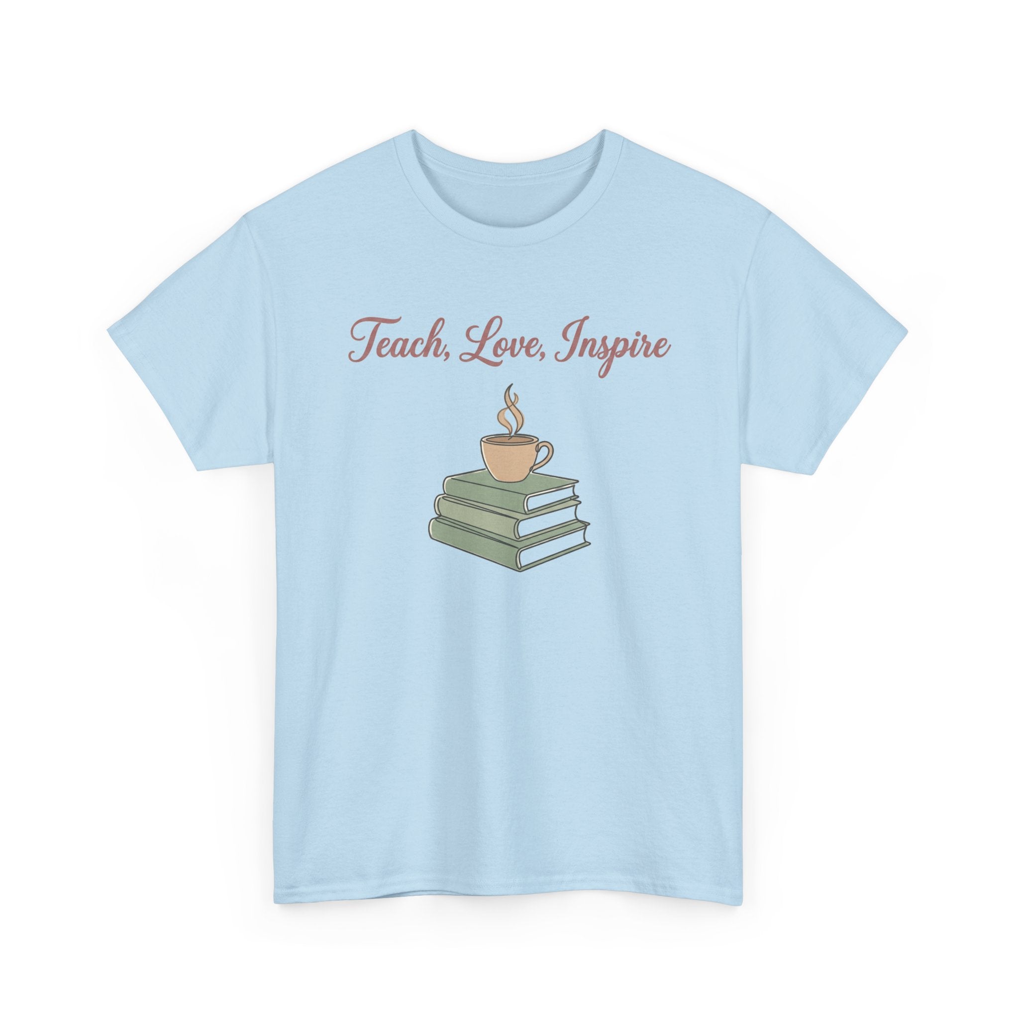 Teacher Tee — "Teach, Love, Inspire" Book & Coffee Graphic T-Shirt