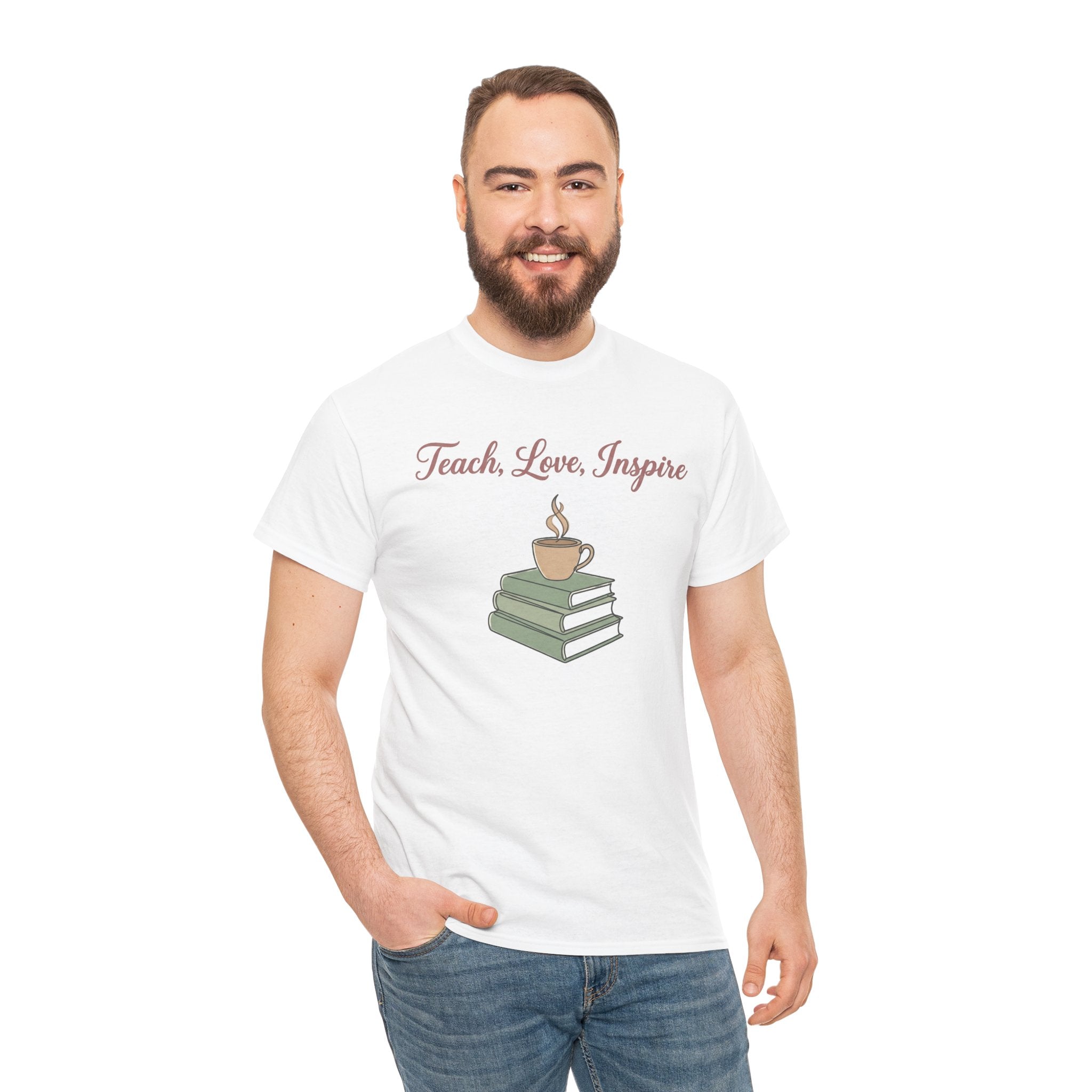 Teacher Tee — "Teach, Love, Inspire" Book & Coffee Graphic T-Shirt