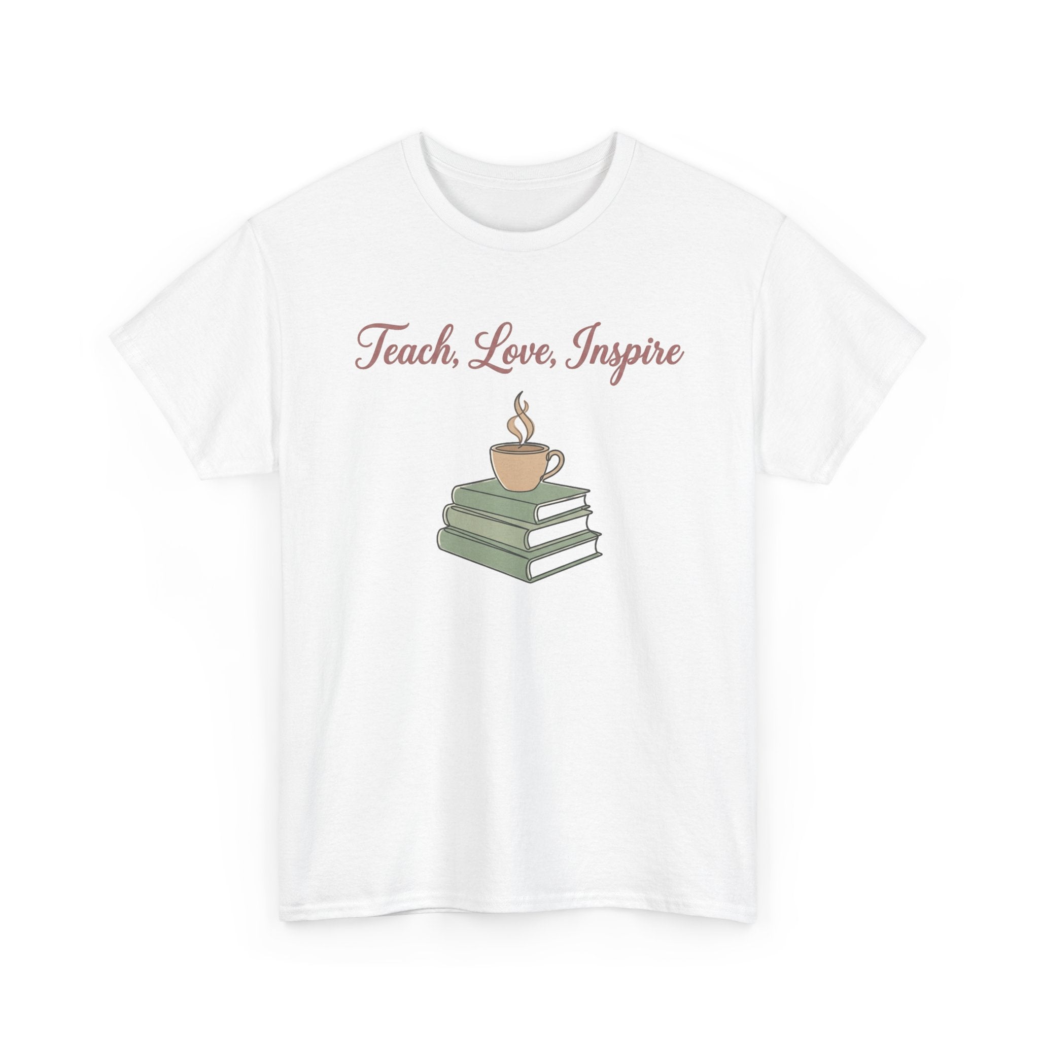 Teacher Tee — "Teach, Love, Inspire" Book & Coffee Graphic T-Shirt