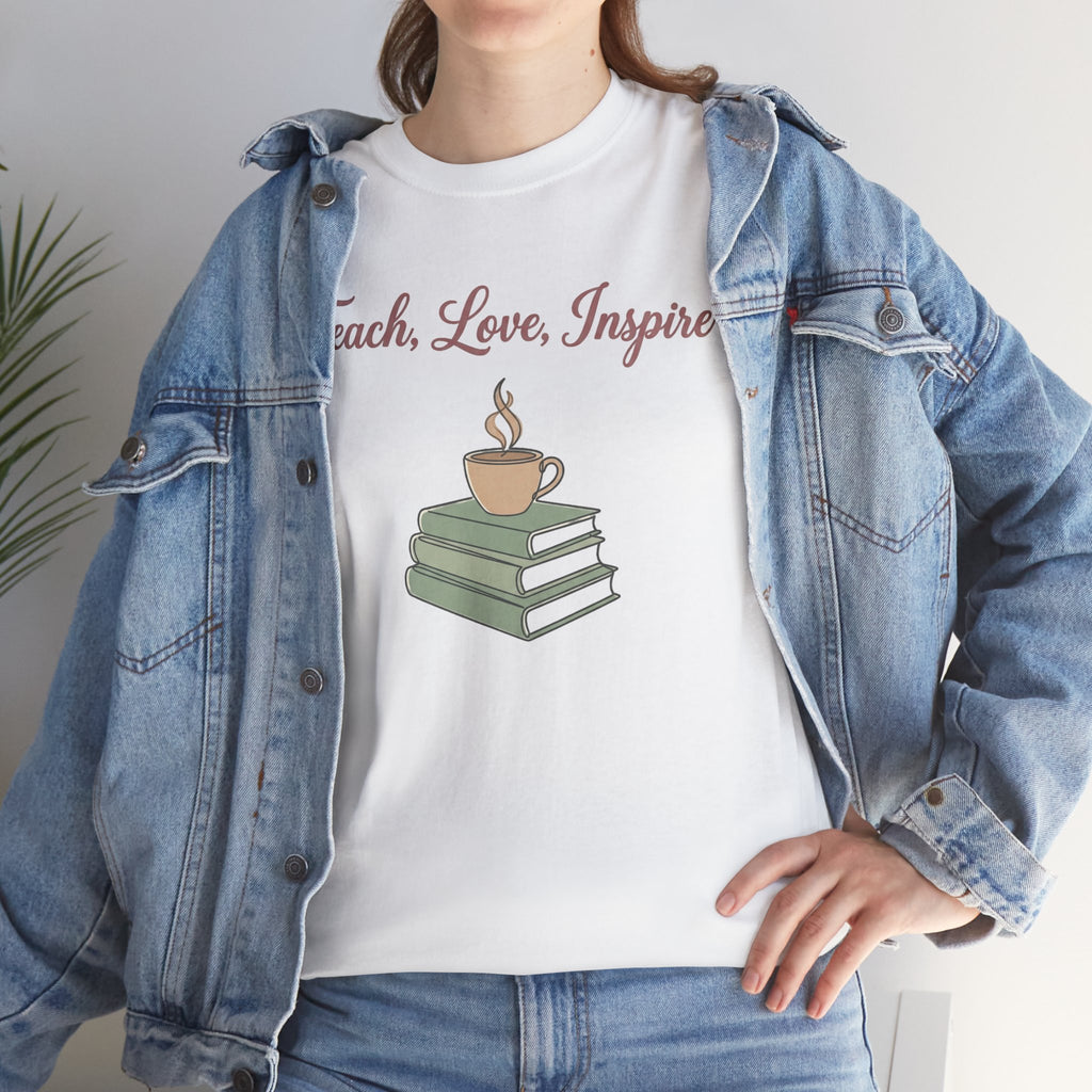 Teacher Tee — "Teach, Love, Inspire" Book & Coffee Graphic T-Shirt