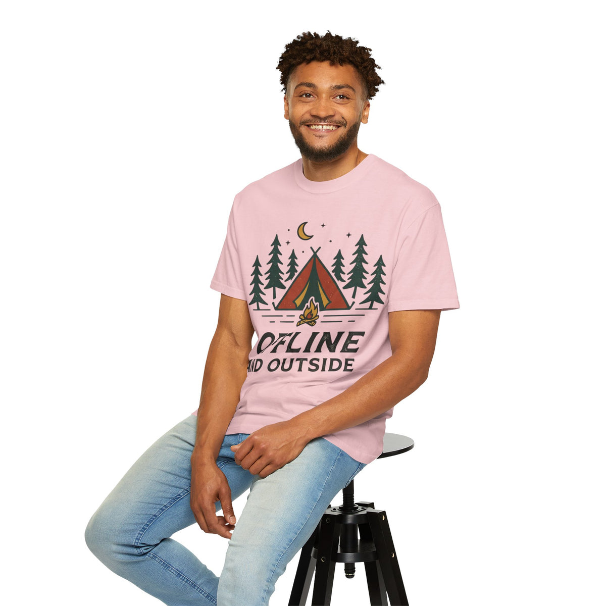 Camping T-Shirt — "Offline and Outside" Tent & Campfire Graphic