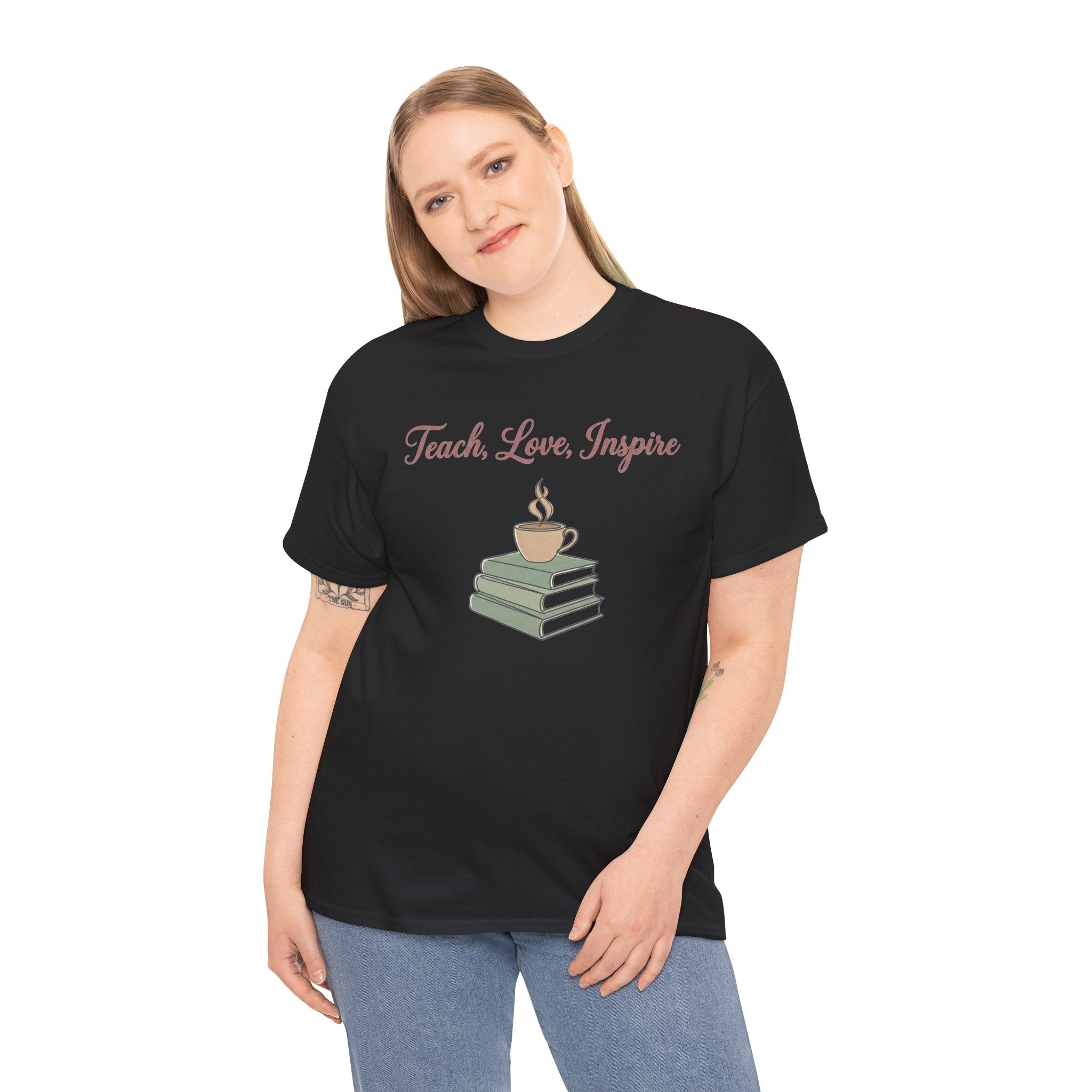 Teacher Tee — "Teach, Love, Inspire" Book & Coffee Graphic T-Shirt