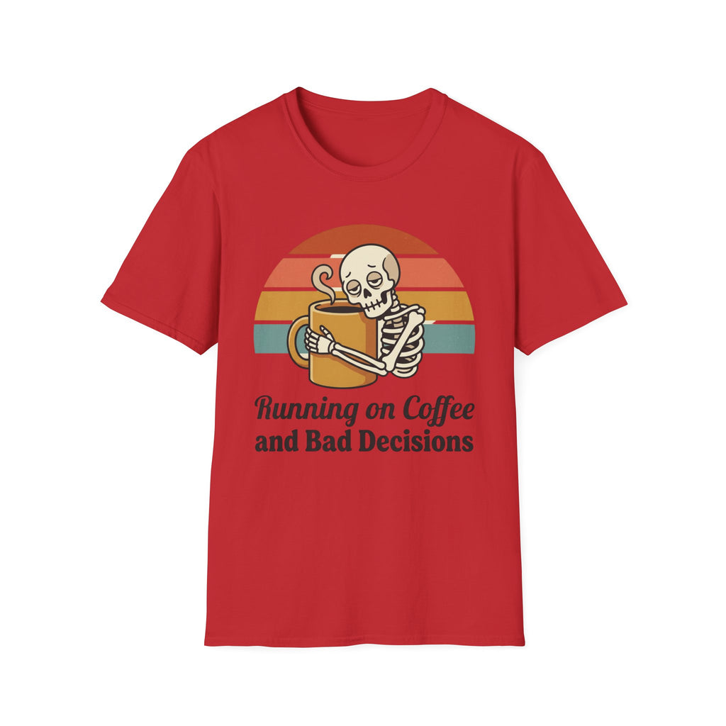 Running on Coffee and Bad Decisions T-Shirt — Retro Skeleton Coffee Tee