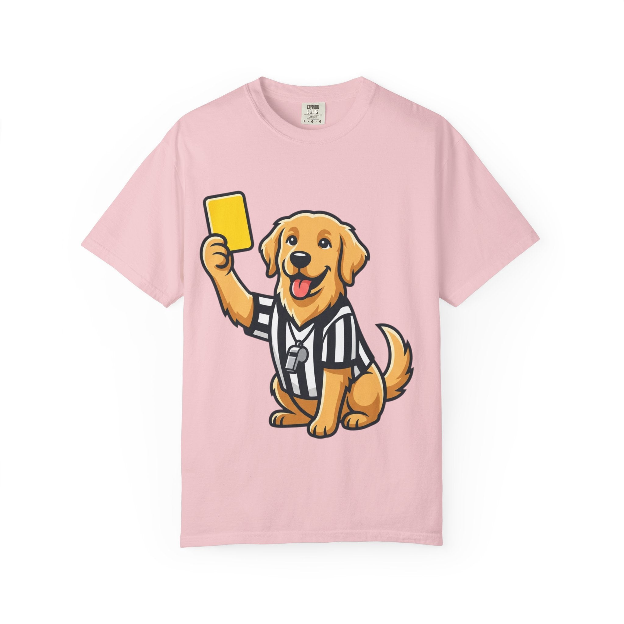 Referee Golden Retriever T-Shirt — Cute Dog Holding Yellow Card Graphic Tee