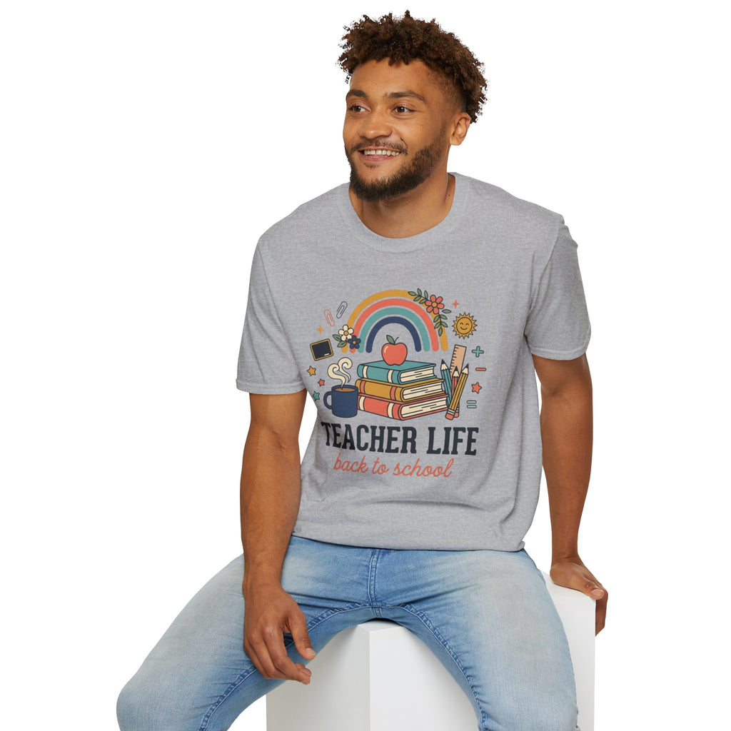 Teacher Life Back to School T-Shirt — Rainbow Books & Apple Graphic