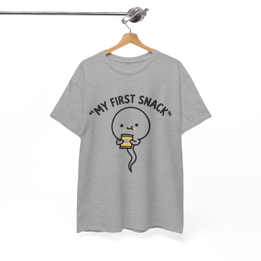My First Snack Cute Sperm Graphic Tee — Funny Pregnancy Announcement Shirt