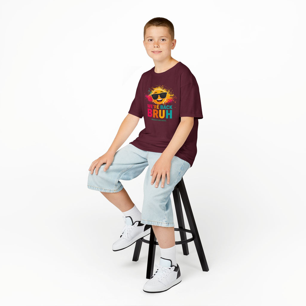 We're Back Bruh Kids Tee — Colorful Sunny Sunglasses Graphic Shirt for Kids