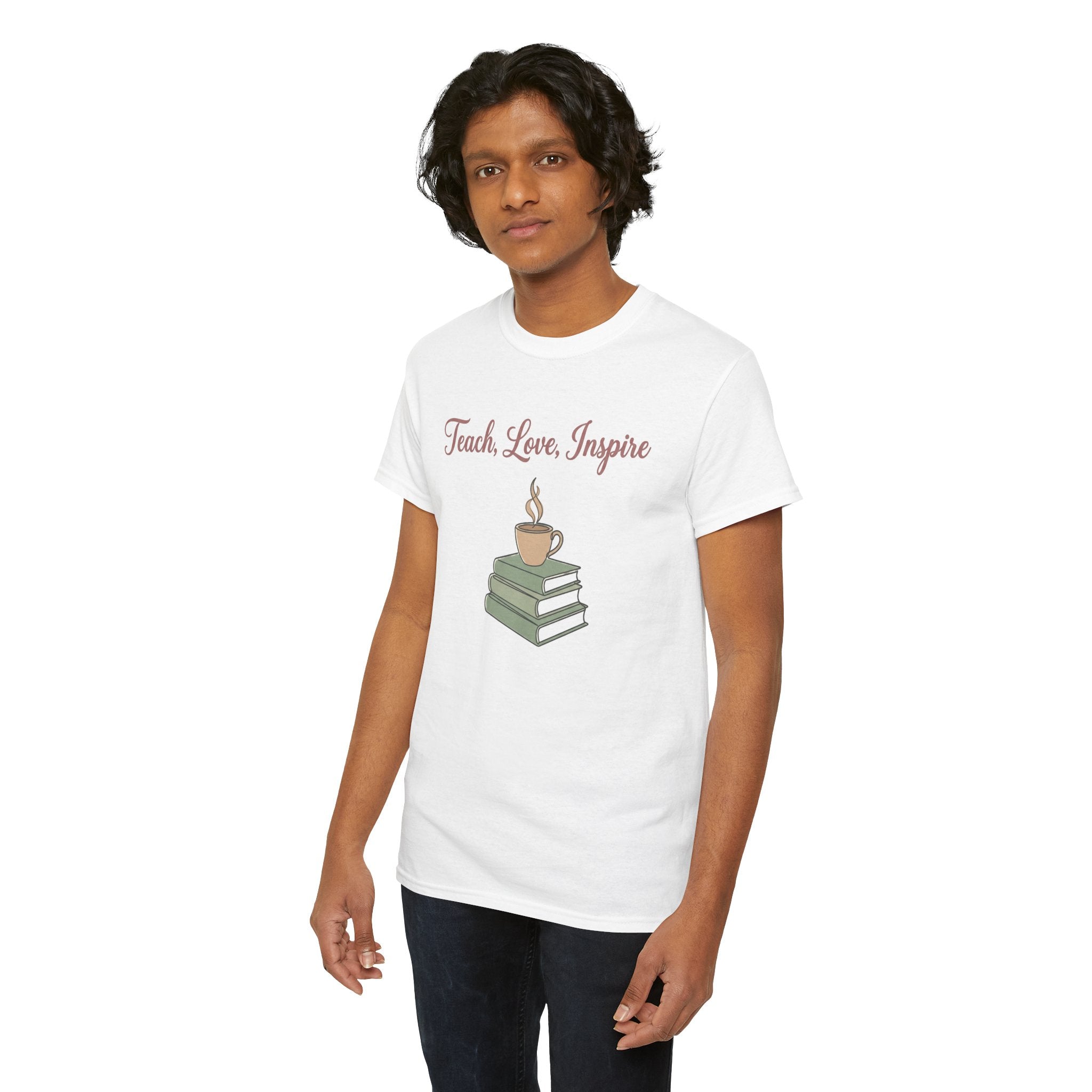 Teacher Tee — "Teach, Love, Inspire" Book & Coffee Graphic T-Shirt