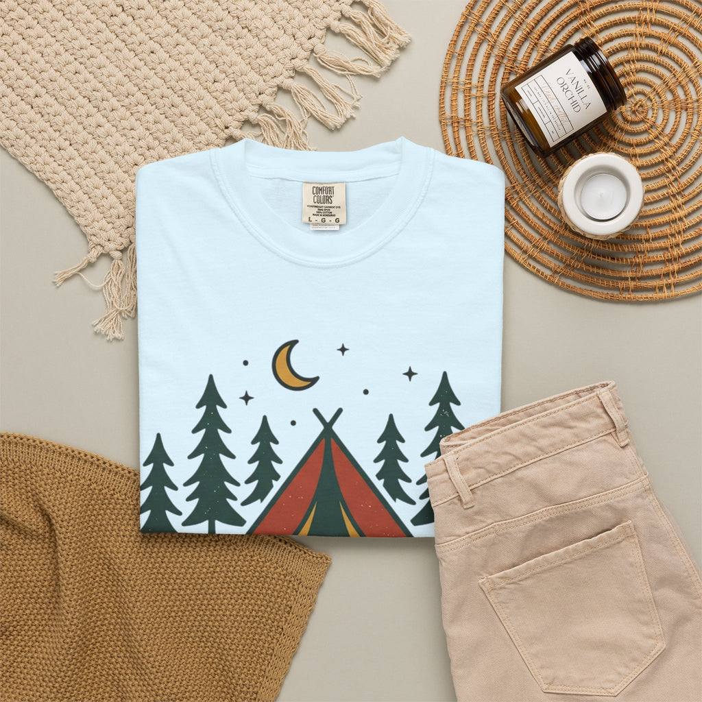 Camping T-Shirt — "Offline and Outside" Tent & Campfire Graphic