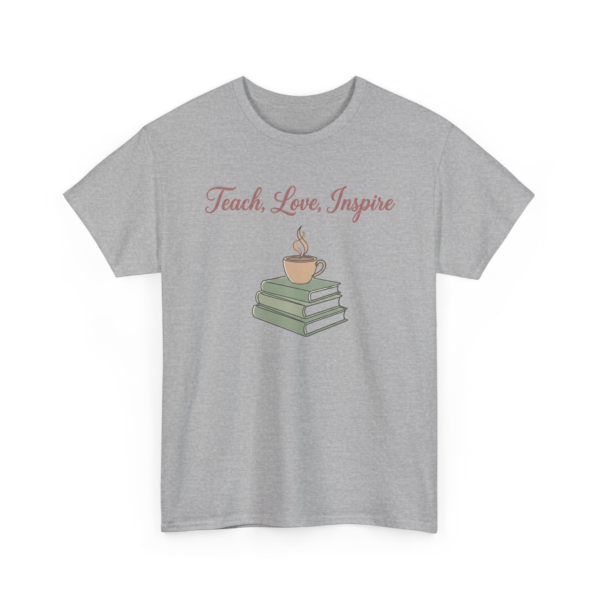 Teacher Tee — "Teach, Love, Inspire" Book & Coffee Graphic T-Shirt