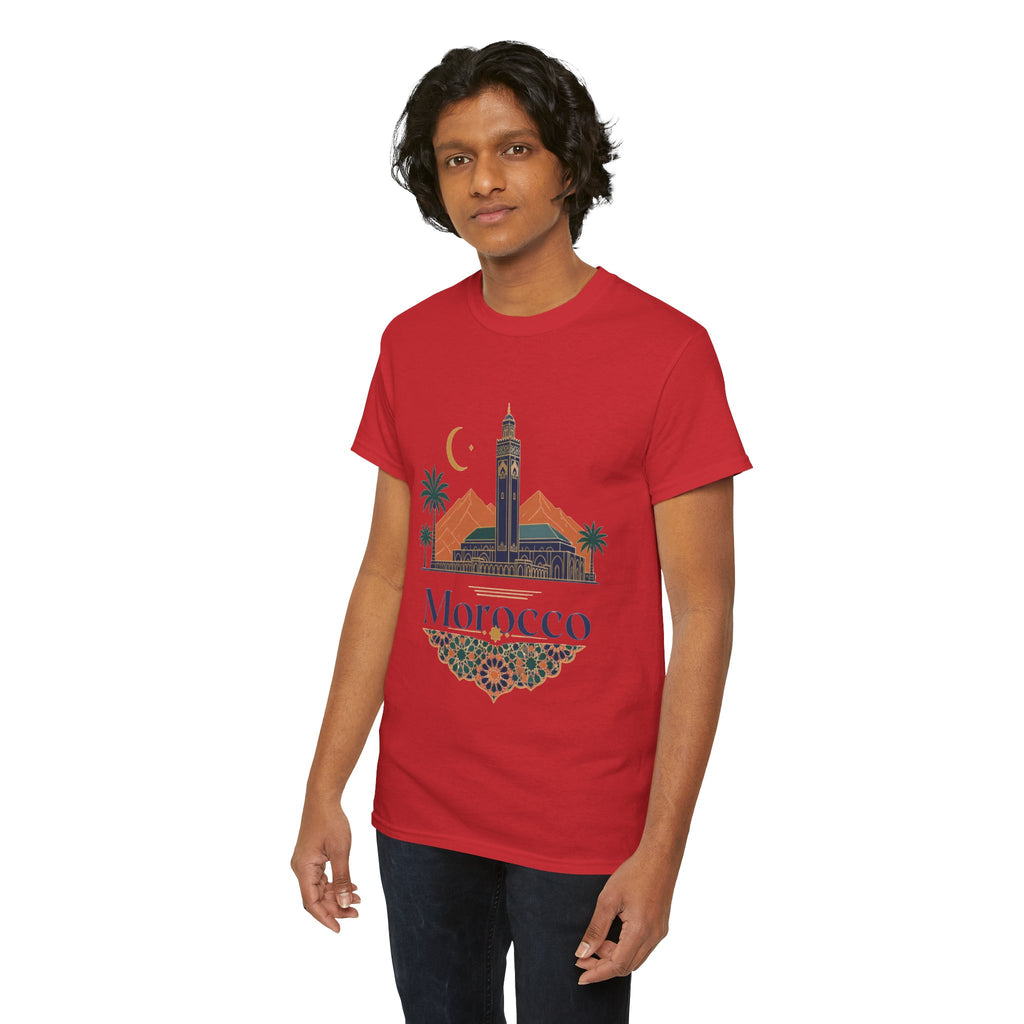 Morocco Travel T-Shirt — Atlas Mountains & Koutoubia Mosque Graphic Tee