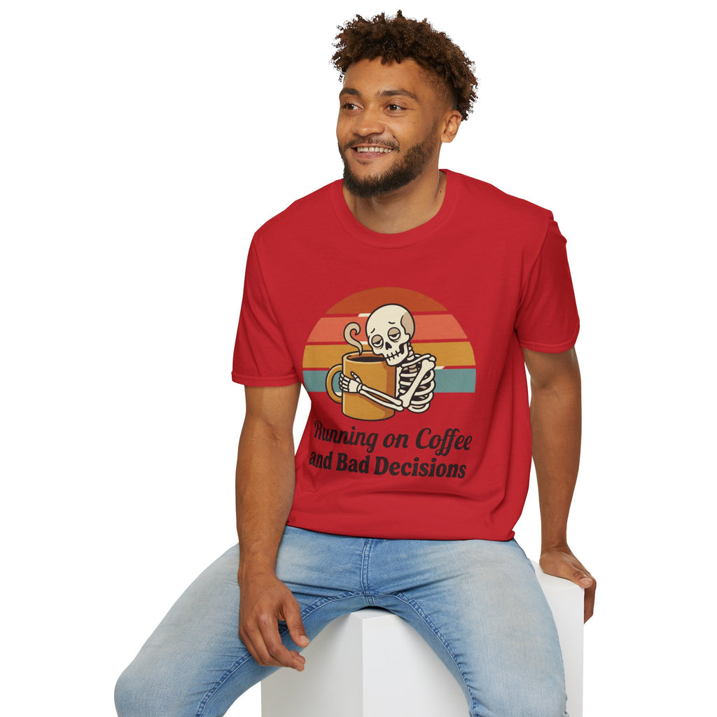 Running on Coffee and Bad Decisions T-Shirt — Retro Skeleton Coffee Tee