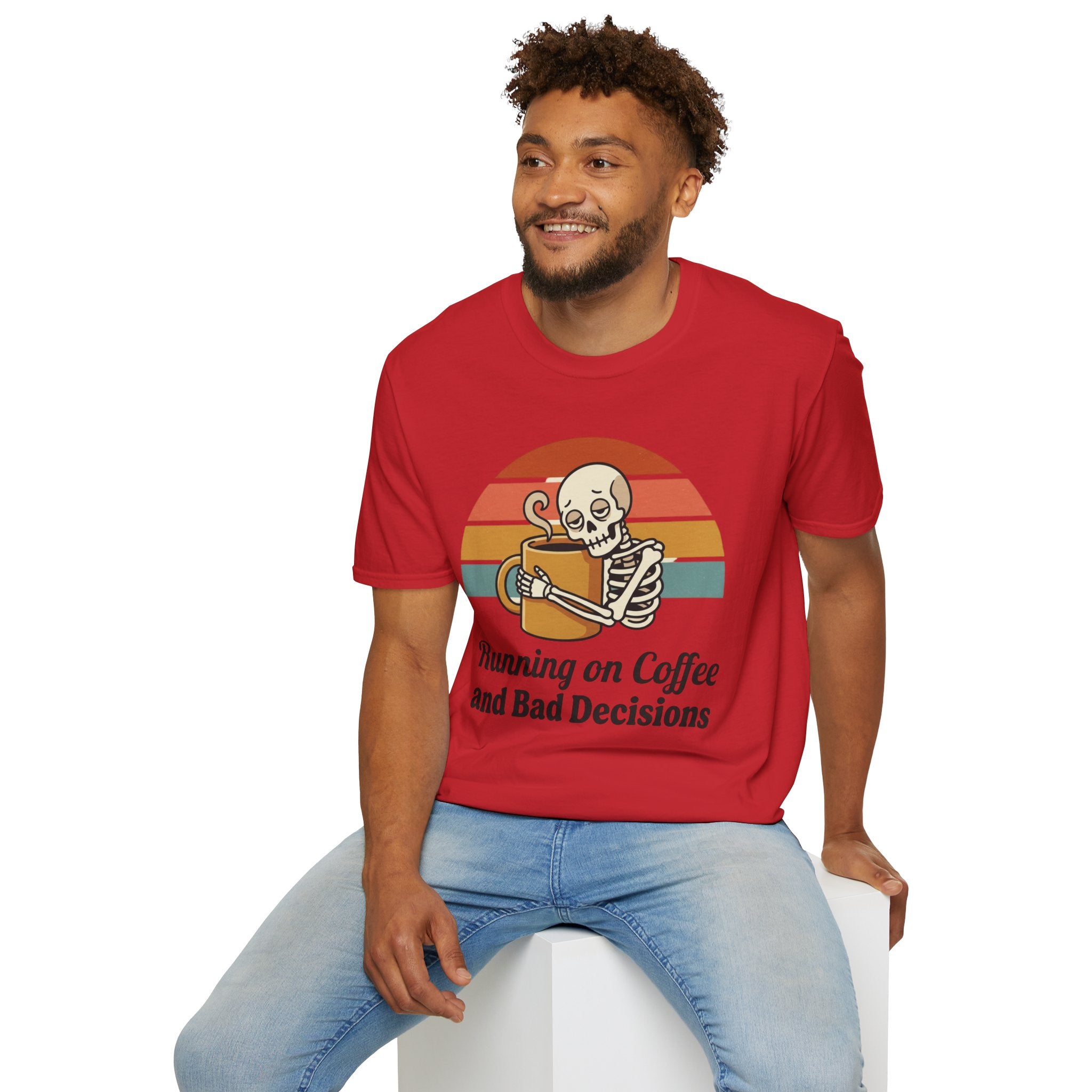 Running on Coffee and Bad Decisions T-Shirt — Retro Skeleton Coffee Tee