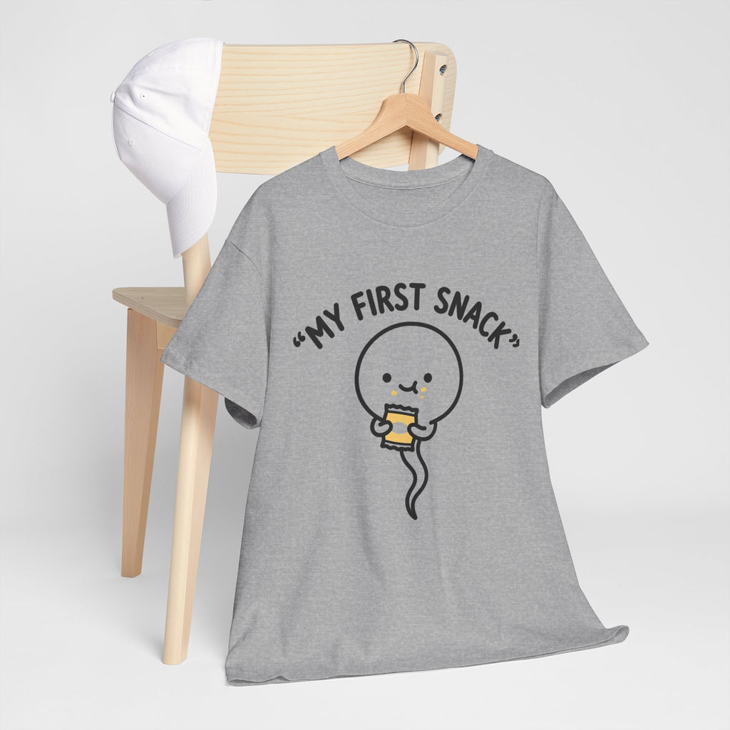 My First Snack Cute Sperm Graphic Tee — Funny Pregnancy Announcement Shirt