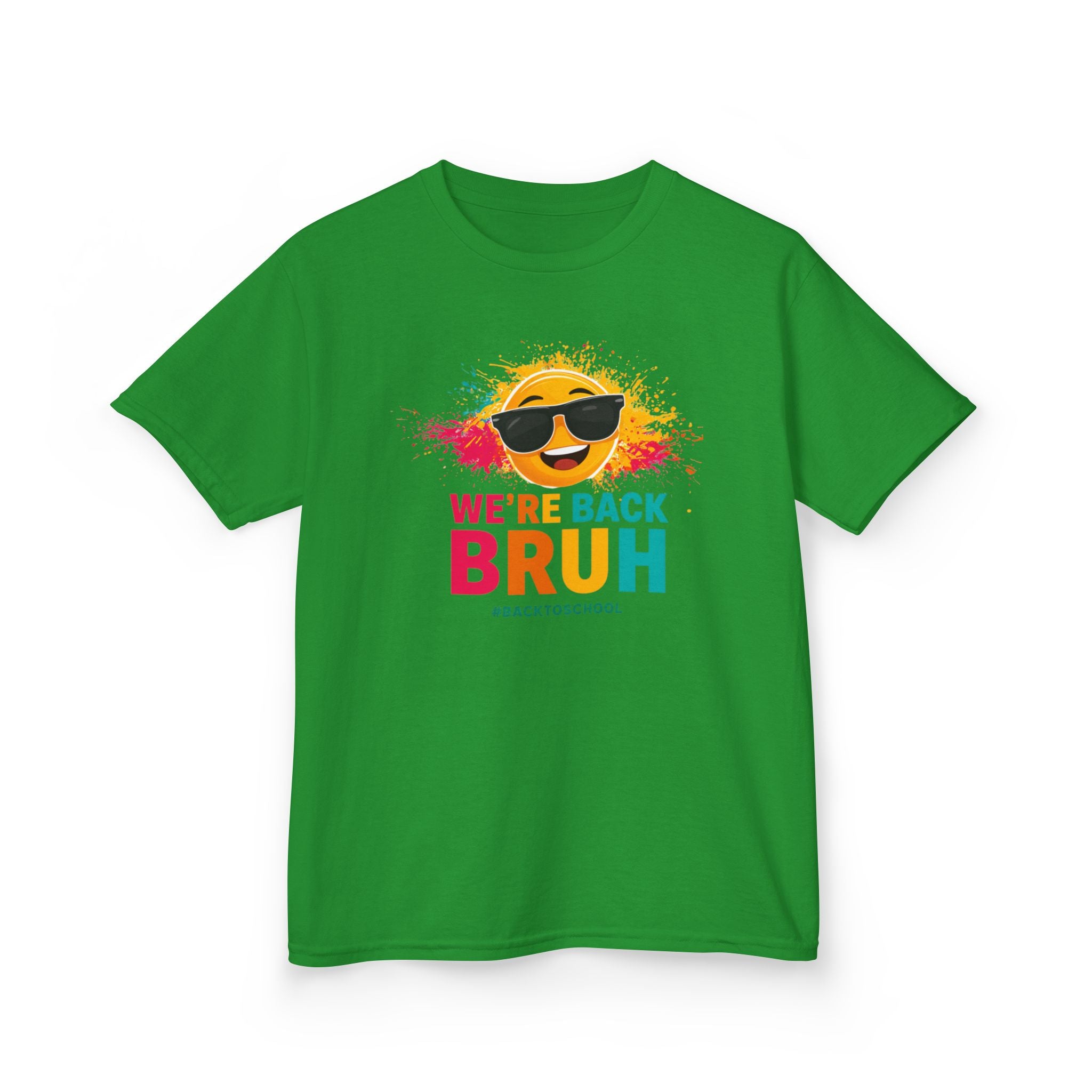We're Back Bruh Kids Tee — Colorful Sunny Sunglasses Graphic Shirt for Kids