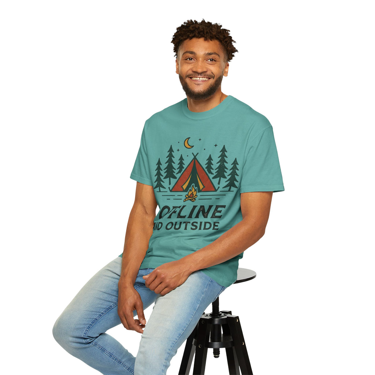 Camping T-Shirt — "Offline and Outside" Tent & Campfire Graphic