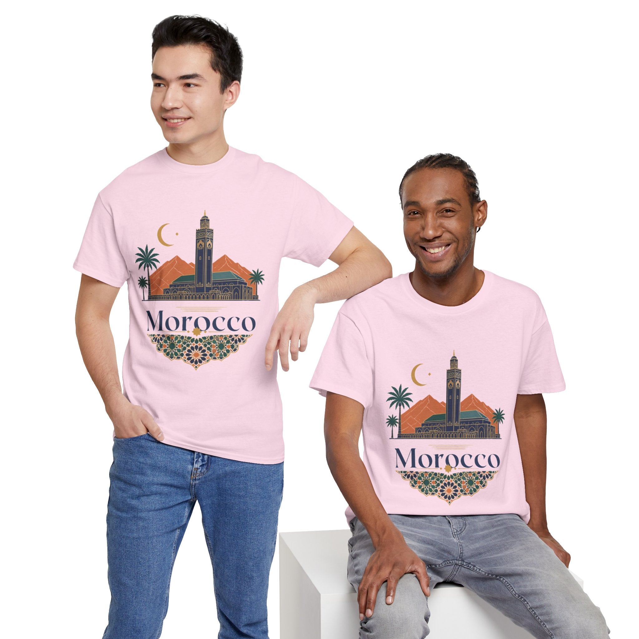 Morocco Travel T-Shirt — Atlas Mountains & Koutoubia Mosque Graphic Tee