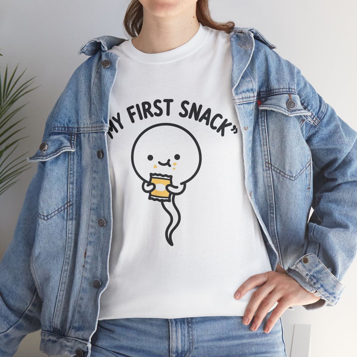 My First Snack Cute Sperm Graphic Tee — Funny Pregnancy Announcement Shirt