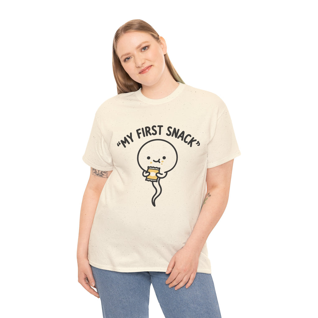 My First Snack Cute Sperm Graphic Tee — Funny Pregnancy Announcement Shirt