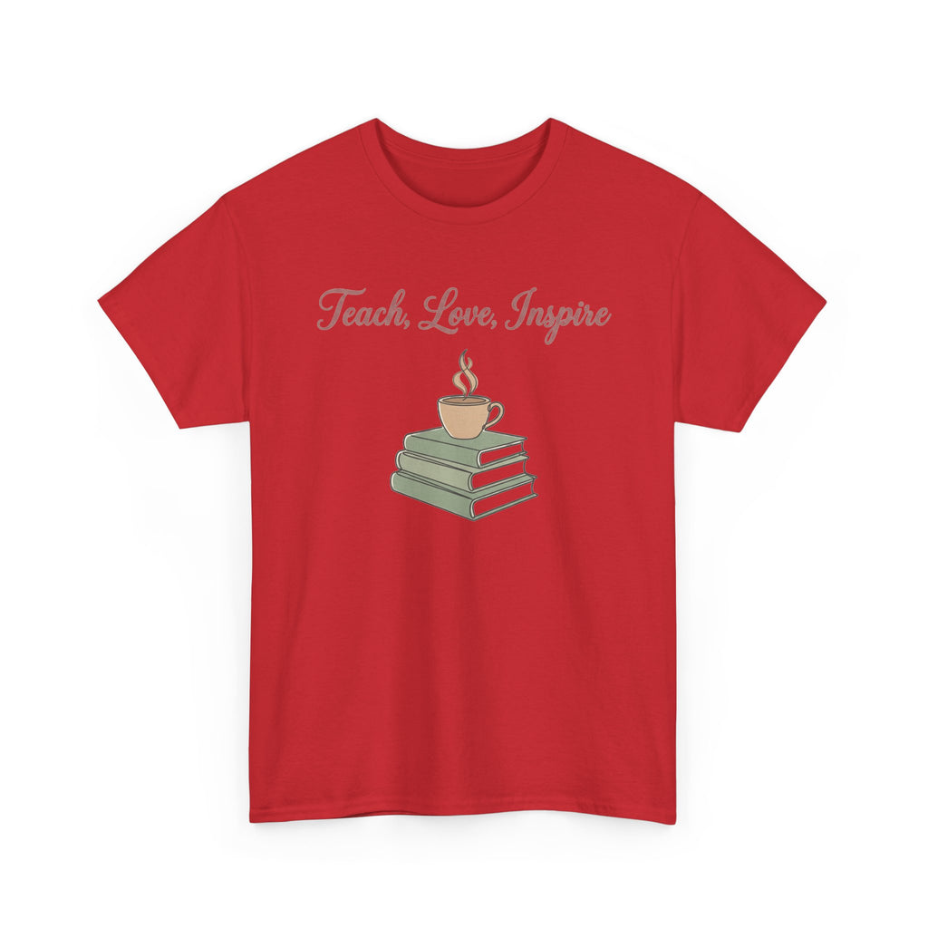 Teacher Tee — "Teach, Love, Inspire" Book & Coffee Graphic T-Shirt