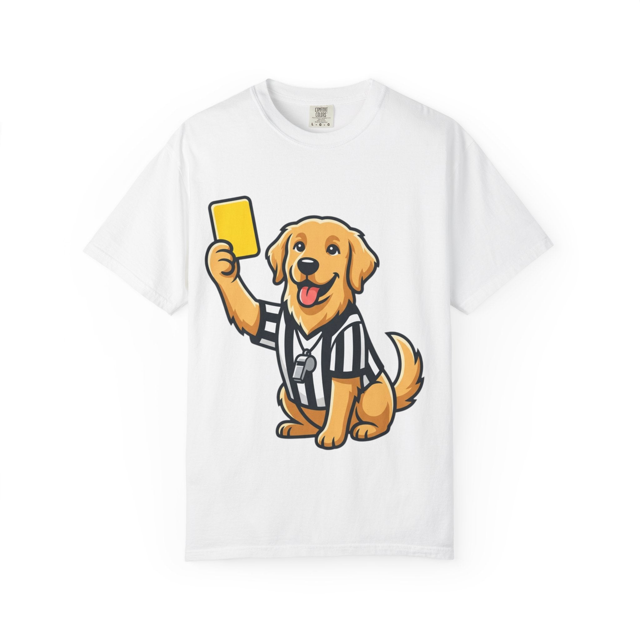 Referee Golden Retriever T-Shirt — Cute Dog Holding Yellow Card Graphic Tee