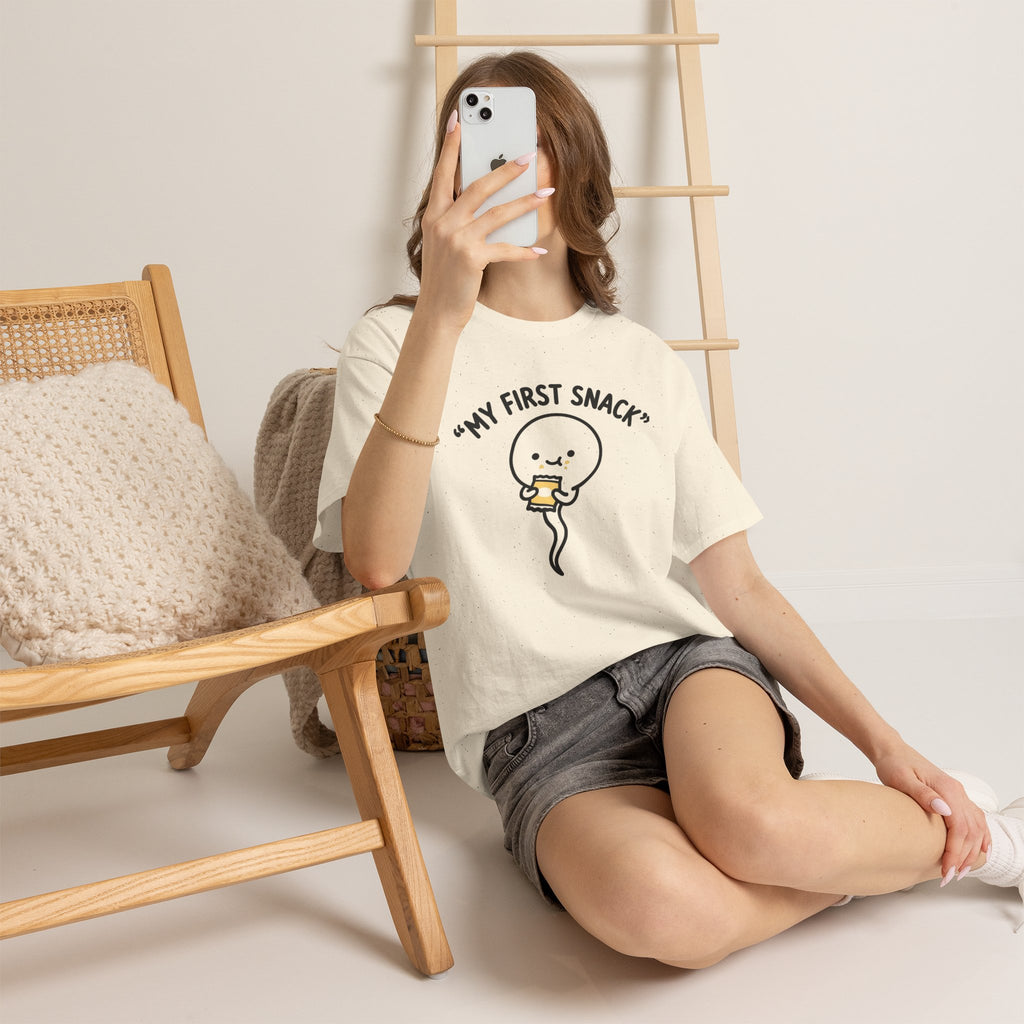 My First Snack Cute Sperm Graphic Tee — Funny Pregnancy Announcement Shirt