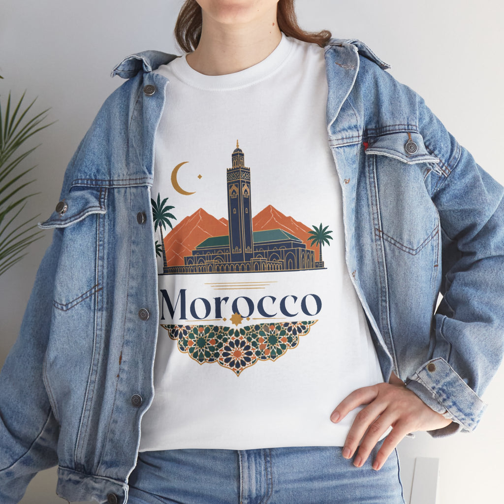 Morocco Travel T-Shirt — Atlas Mountains & Koutoubia Mosque Graphic Tee