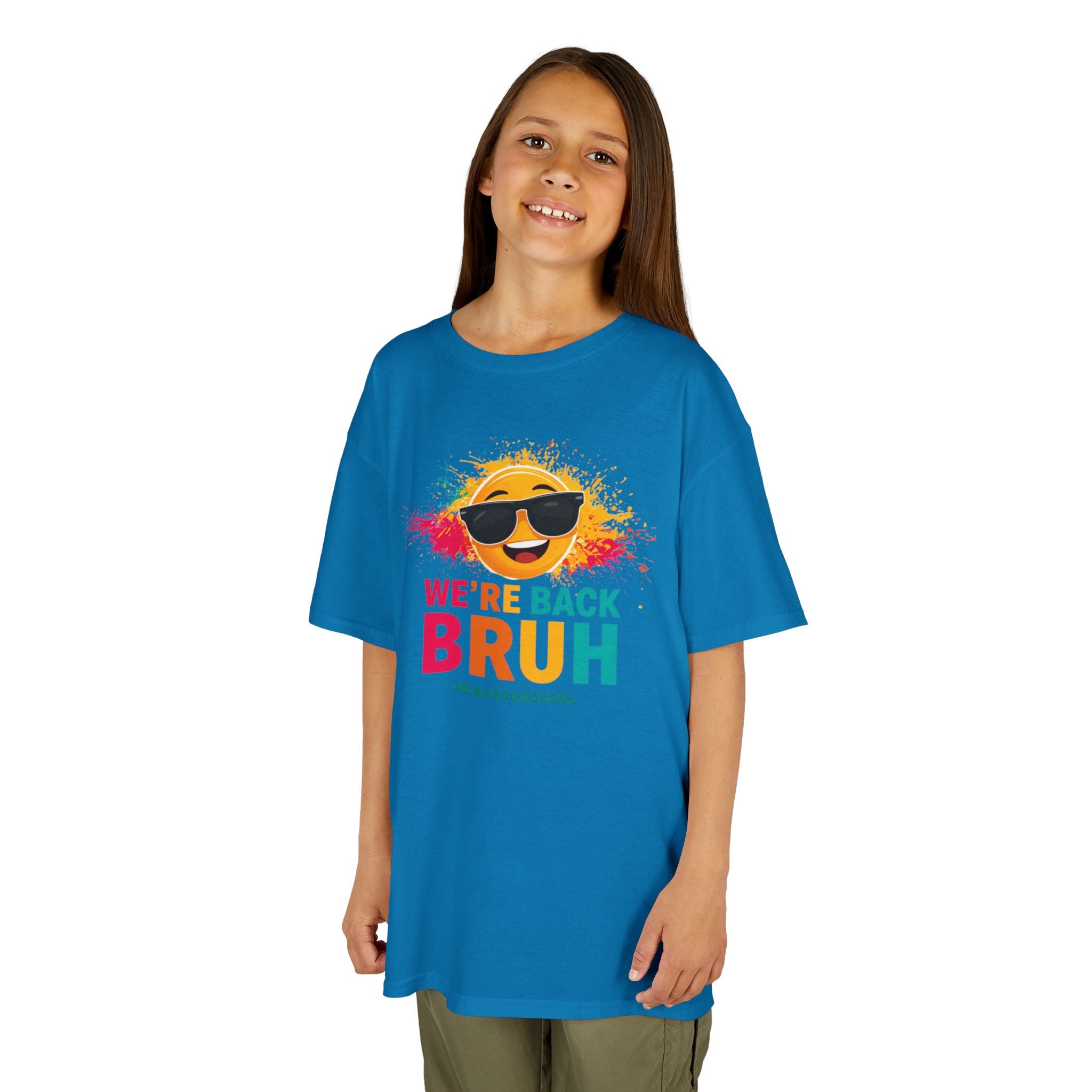 We're Back Bruh Kids Tee — Colorful Sunny Sunglasses Graphic Shirt for Kids