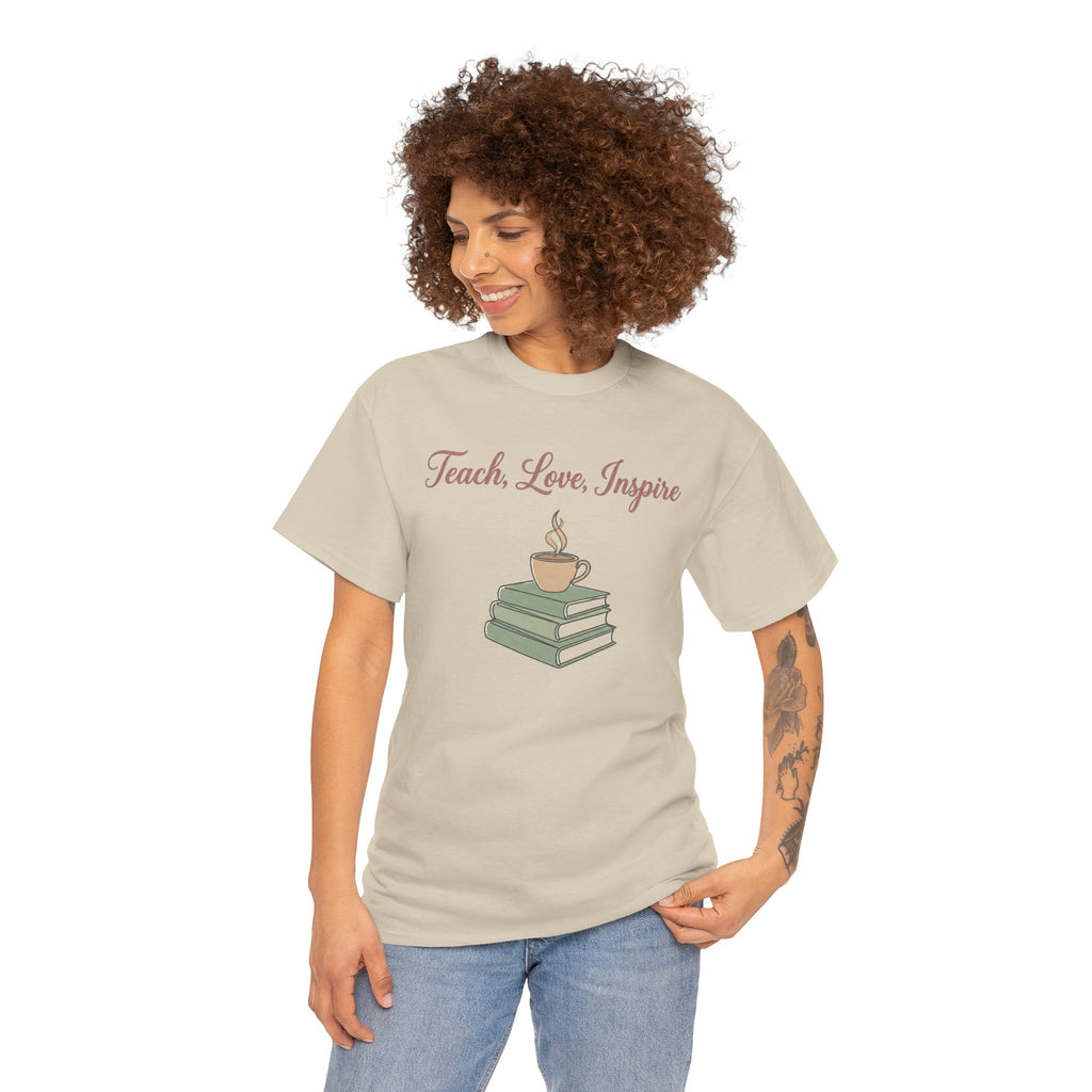 Teacher Tee — "Teach, Love, Inspire" Book & Coffee Graphic T-Shirt