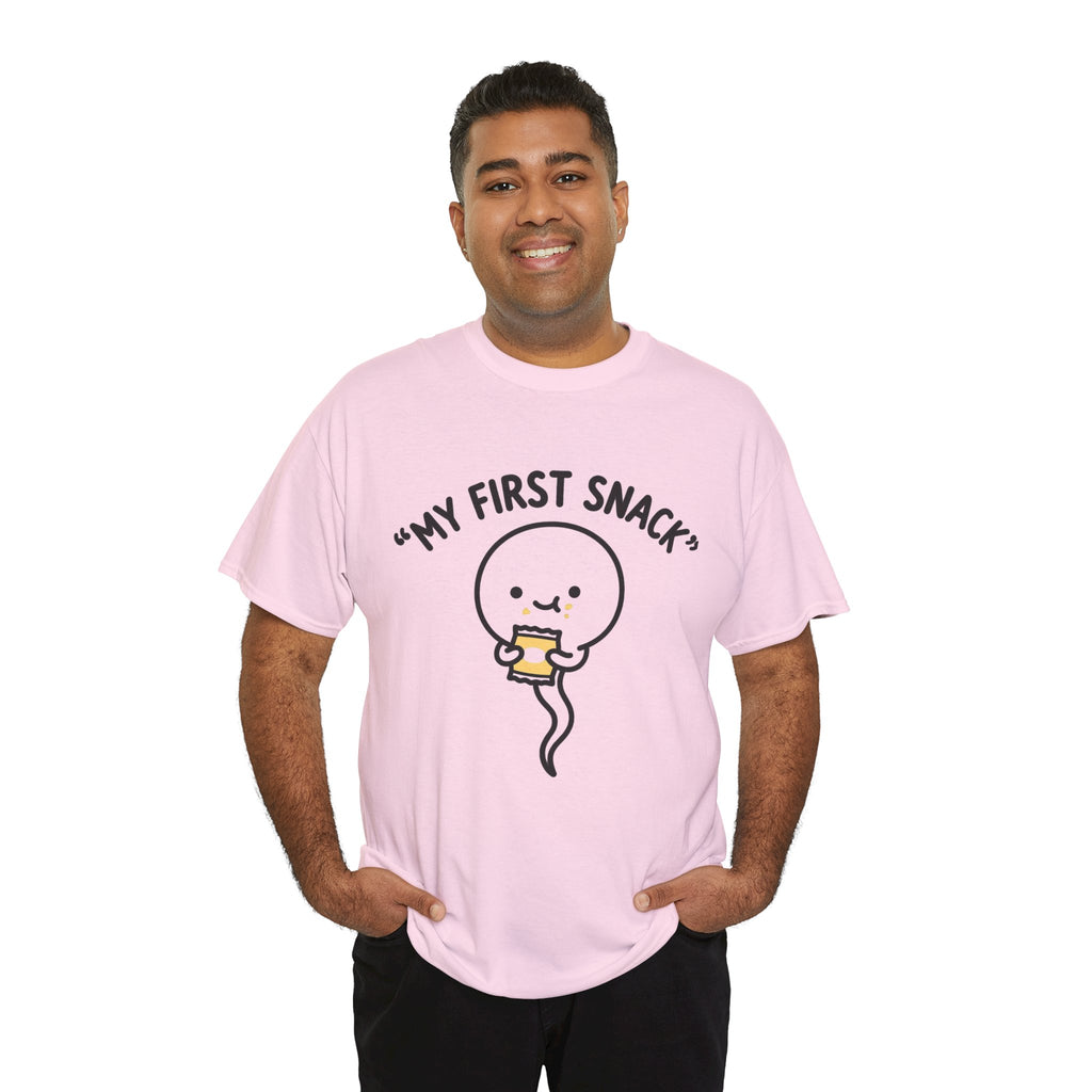My First Snack Cute Sperm Graphic Tee — Funny Pregnancy Announcement Shirt